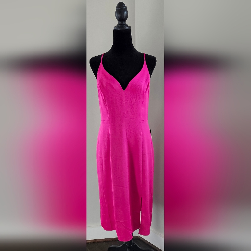 Express Slip Dress Midi with front slit & built in slip, Pink, Size Large